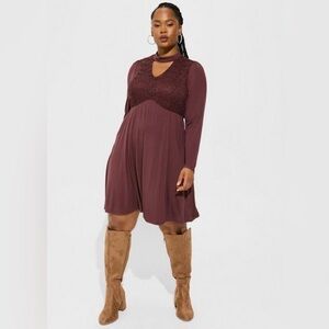 38. At The Knee Super Soft Lace Bodice Mock Neck Skater Torrid Dress.